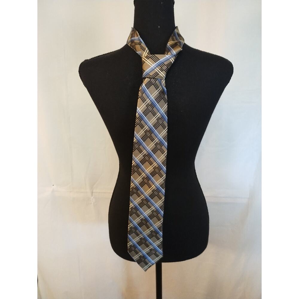 Vintage (never worn w/tag) Pronto Uomo Necktie Gray/Blue/Black Plaid 100% Silk